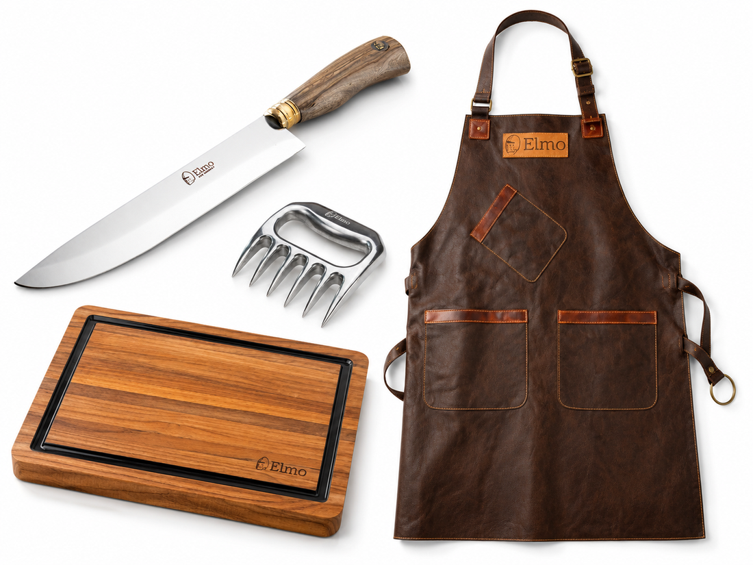 KIT Assador Elmo | Faca Churrasco 8" + Tábua de Corte Grande + Avental de Couro + Garra de Urso