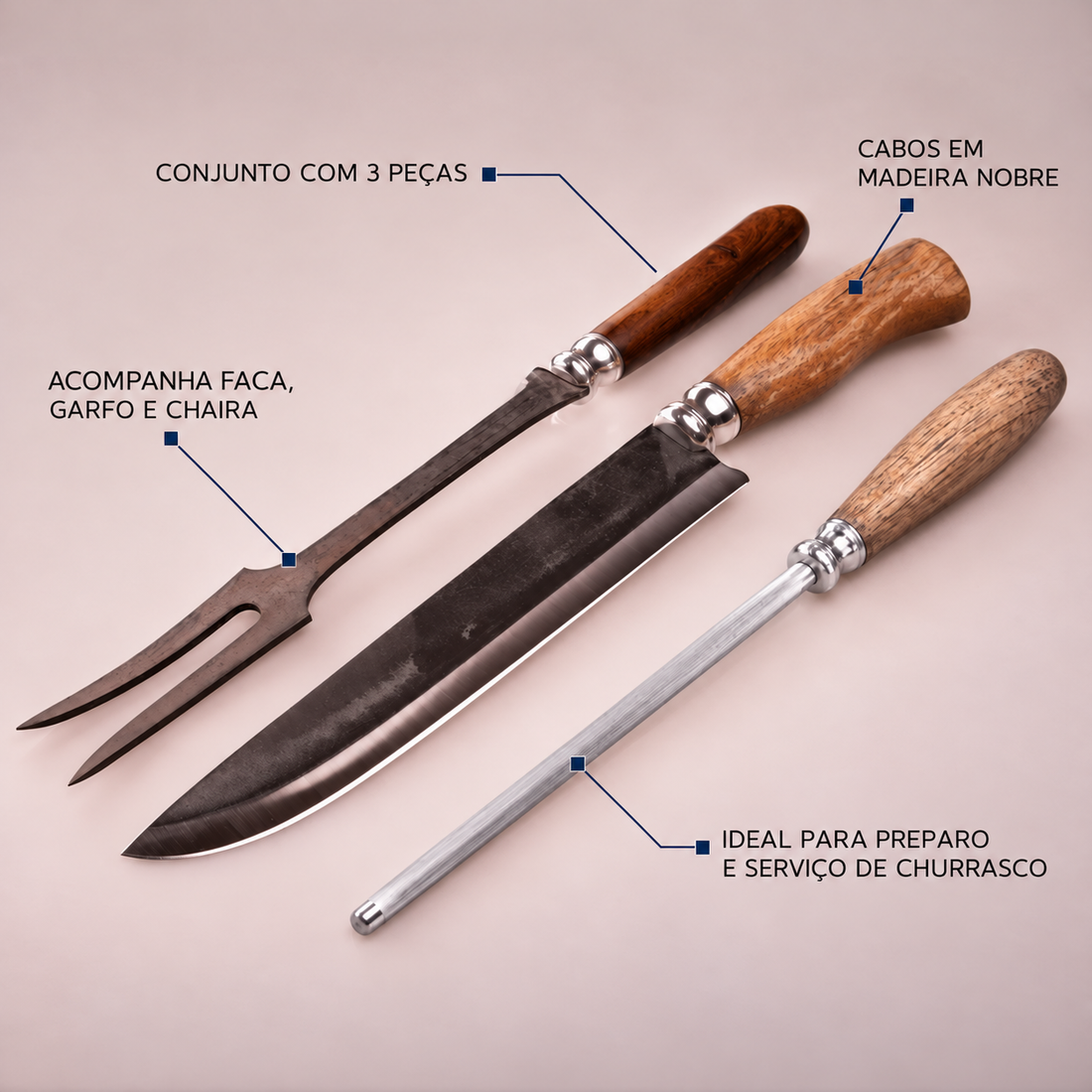 Faca, Garfo e Chaira AL Brut Forge com Cabo de Madeira