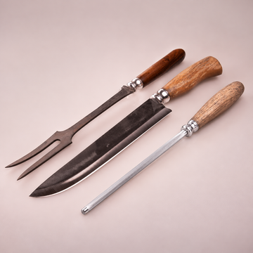 Faca, Garfo e Chaira AL Brut Forge com Cabo de Madeira