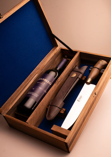 Kit Elmo & Ravanello | Faca Churrasco 8" + Vinho Blend Regiões