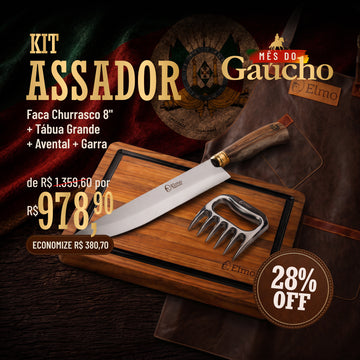 KIT Assador Elmo | Faca Churrasco 8" + Tábua de Corte Grande + Avental de Couro + Garra de Urso