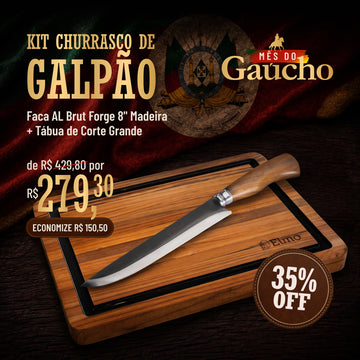 KIT Churrasco de Galpão | Faca AL Brut Forge 8" Madeira + Tábua de Corte Grande