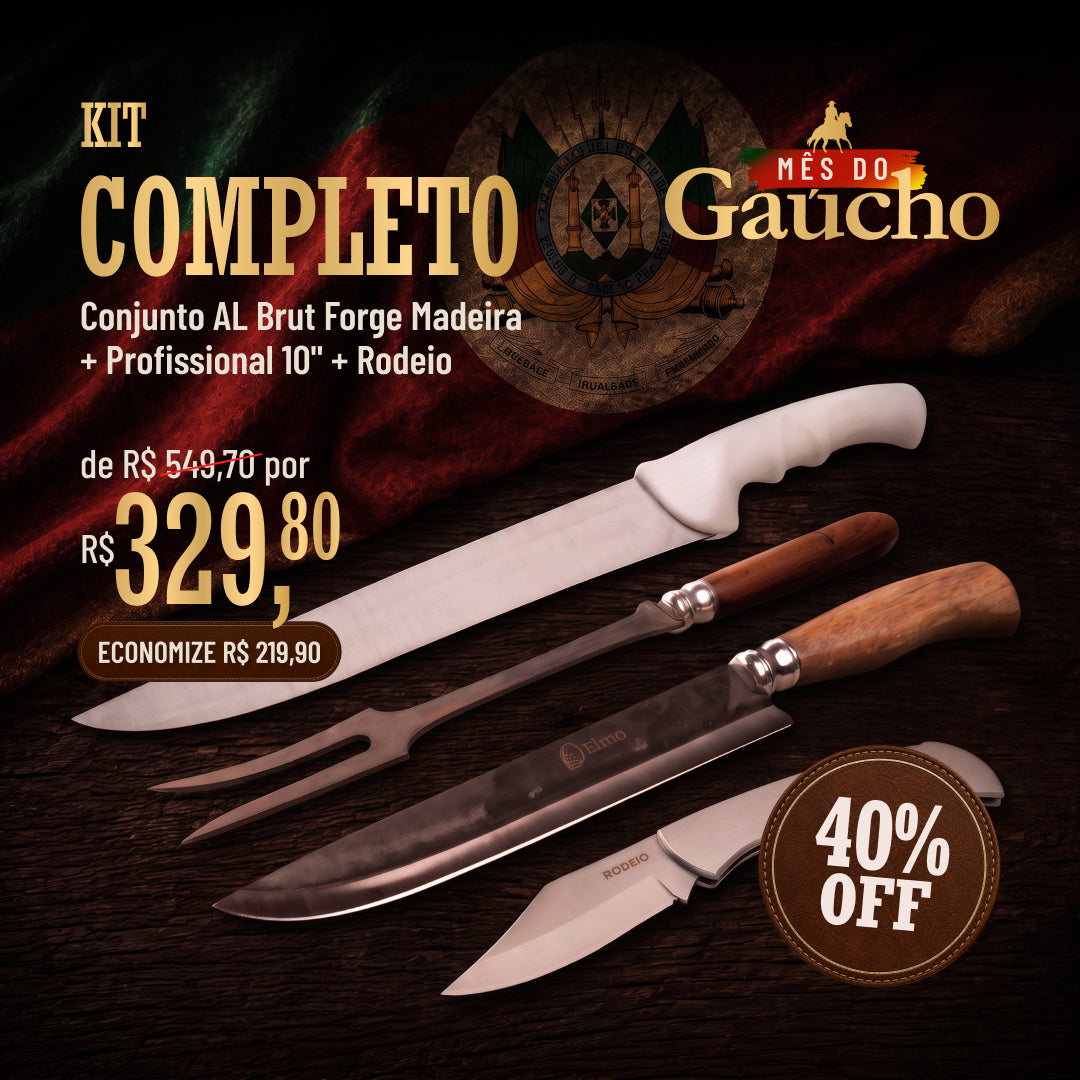 KIT Completo | Conjunto AL Brut Forge Madeira + Faca Profissional 10" + Canivete Rodeio