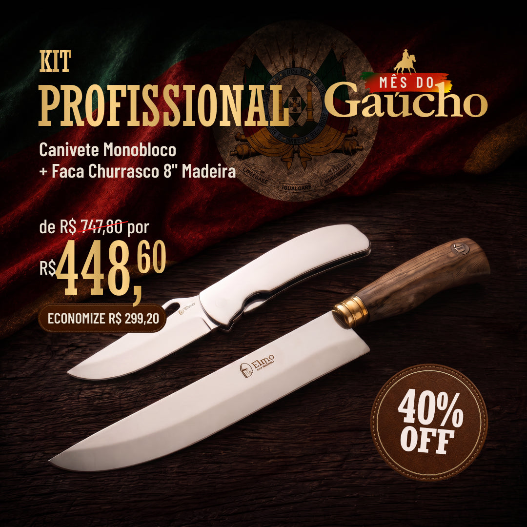 KIT Profissional | Canivete Monobloco + Faca Churrasco 8" Madeira